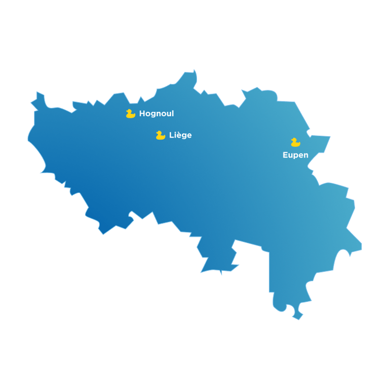 Carte bleue de la province de Liège avec les showrooms x²o salles de bains à Hognoul, Liège et Verviers.