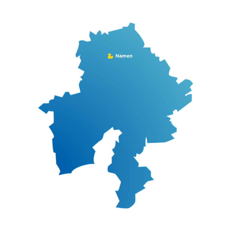 Carte bleue de la province de Namur avec le showroom x²o salles de bains indiqué à Namur.