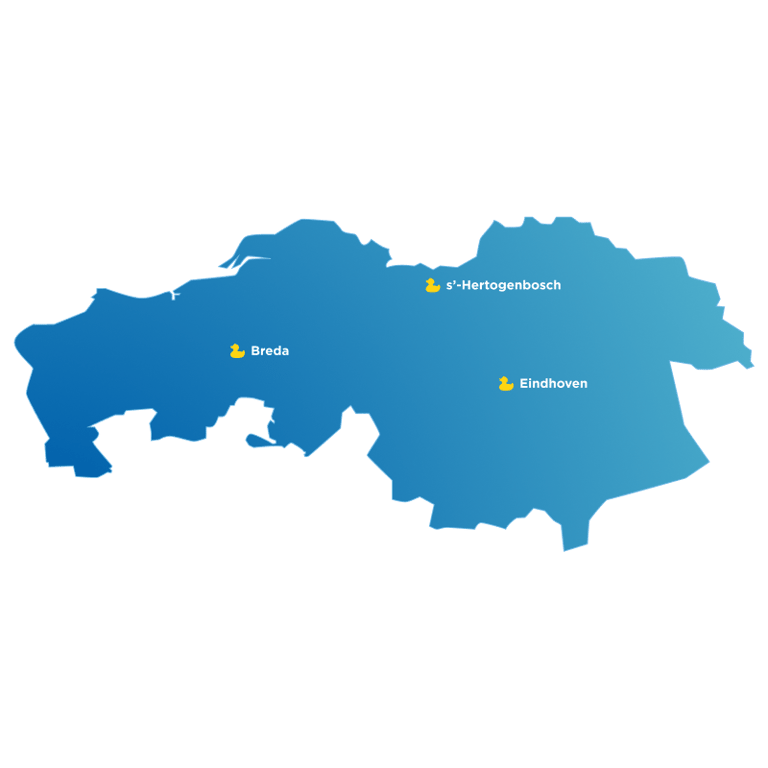 Blauwe kaart van Noord-Brabant met x²o badkamers showrooms aangeduid in Breda en Eindhoven.
