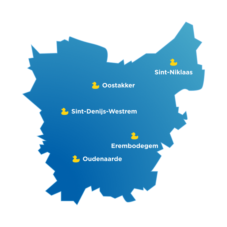 Blauwe kaart van Oost-Vlaanderen met x²o badkamers showrooms aangeduid in Sint-Niklaas, Sint-Denijs-Westrem, Erembodegem en Oudenaarde.