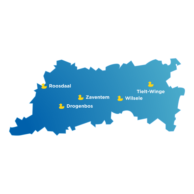 Blauwe kaart van Vlaams-Brabant met x²o badkamers showrooms aangeduid in Roosdaal, Drogenbos, Zaventem, Tielt-Winge en Wilsele.