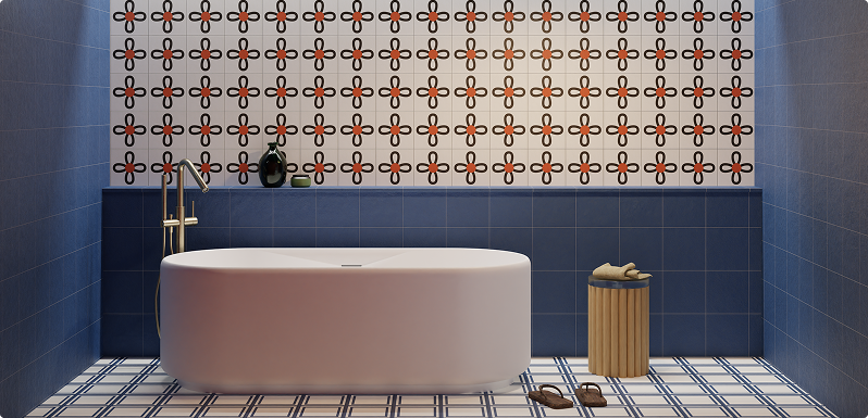Salle de bains style hammam avec carrelage bleu et baignoire îlot selon les tendances salle de bains 2026 de X²O Salles de bains