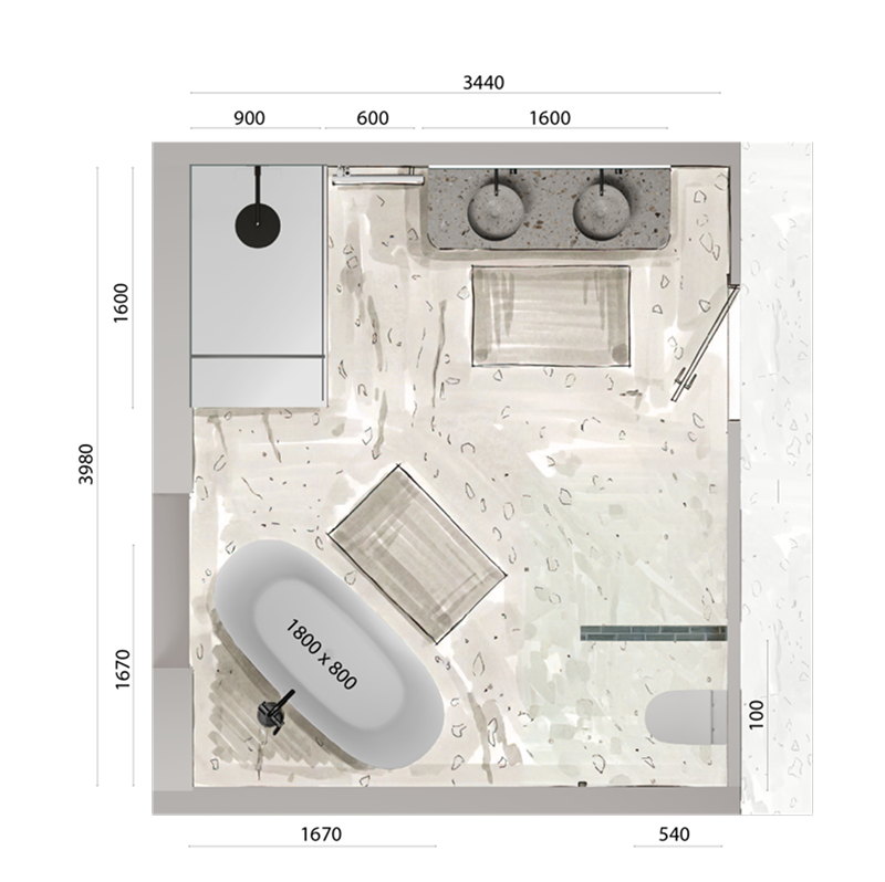 Bovenaanzicht van een ruime badkamerindeling met vrijstaand bad, dubbel wastafelmeubel, douche, toilet en ingetekende afmetingen.