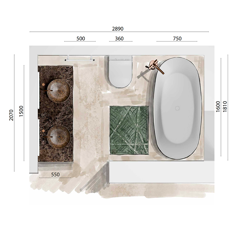 Bovenaanzicht van een badkamerindeling met vrijstaand bad, dubbel wastafelmeubel, toilet, groene badmat en ingetekende afmetingen.
