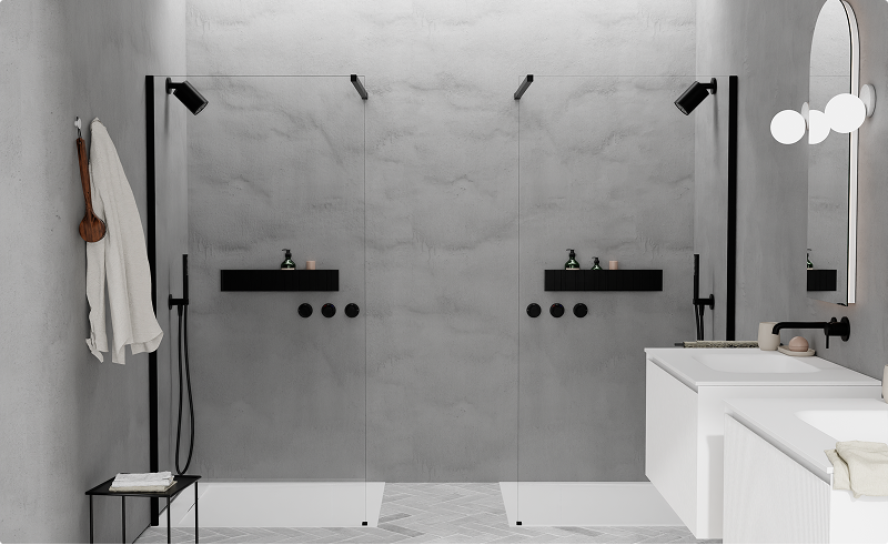 Symmetrische Badezimmergestaltung von x²o Badezimmer mit Doppeldusche, grauen Wandfliesen und modernem weißen Badmöbel.