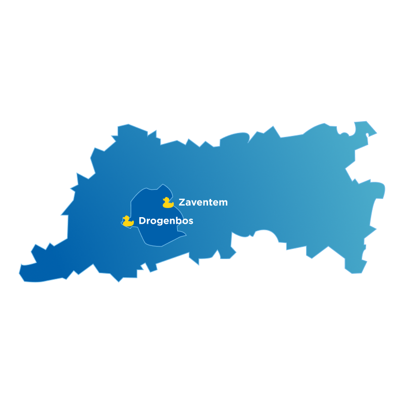 Blauwe kaart van de provincie Brussel met x²o badkamers showrooms aangeduid in Zaventem en Drogenbos.