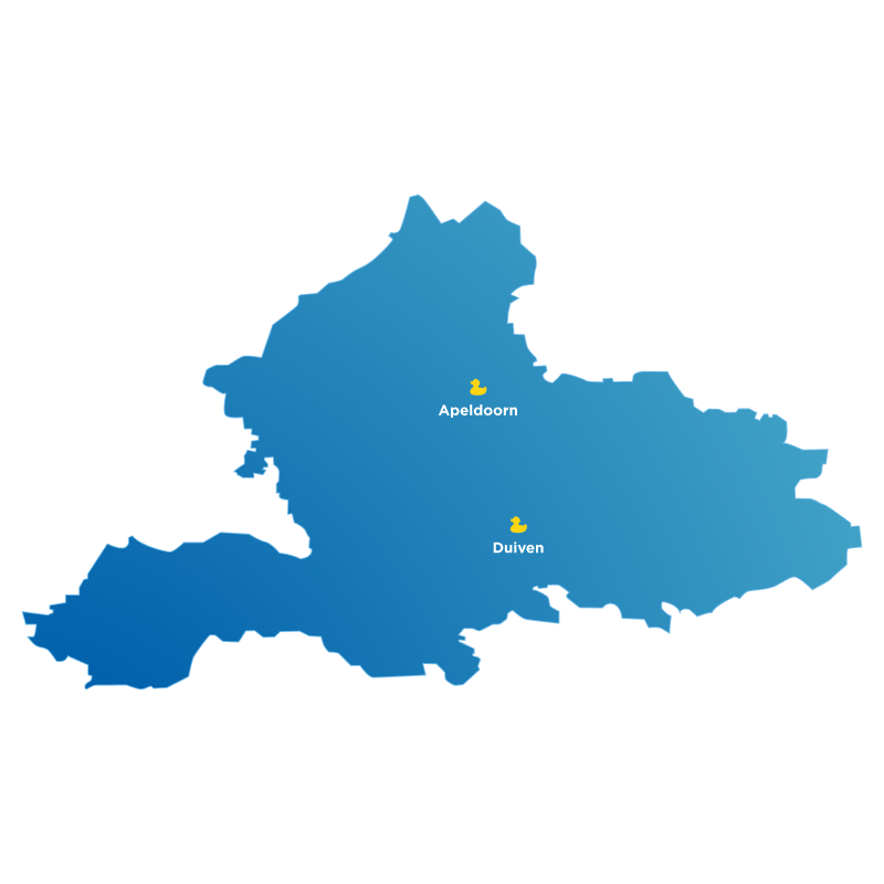 Blauwe kaart van Gelderland met x²o badkamers showrooms aangeduid in Apeldoorn en Duiven.