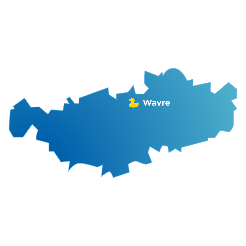 Blauwe kaart van Waals-Brabant met x²o badkamers showroom aangeduid in Wavre.