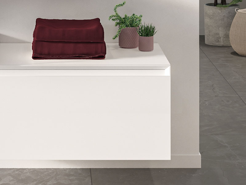 Zwevend wit badkamermeubel met strak design, ideaal voor extra opbergruimte en moderne inrichting.