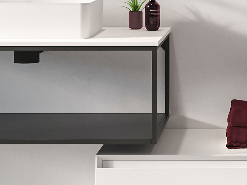 Badkamermeubel met wit blad en zwart metalen frame, open design voor een moderne en minimalistische stijl.