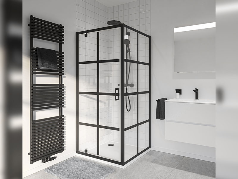 Glasduschkabine mit schwarzem Rahmen, weißen Fliesen und modernem schwebendem Waschtisch mit schwarzem Hahn