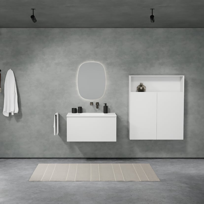 Balmani Idra by Mitra zwevend badmeubel 90 x 55 cm mat wit met Tablo Arcato enkele wastafel in solid surface mat wit