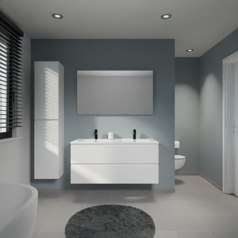 Linie Lado meuble salle de bains suspendu 120 x 46 cm blanc brillant avec Vano double vasque en marbre composite blanc mat