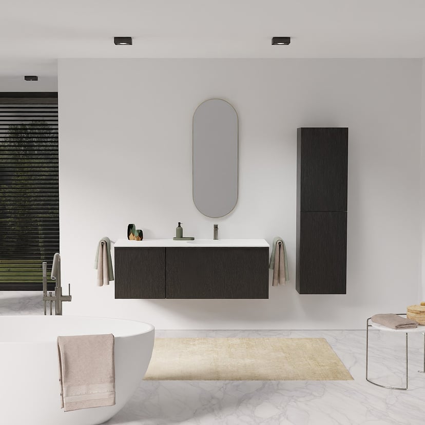 Balmani Forma zwevend badkamermeubel 135 x 55 cm zwarte eik met Tablo Arcato asymmetrisch rechtse wastafel in solid surface mat wit, Verticale symmetrische rechte ribbel