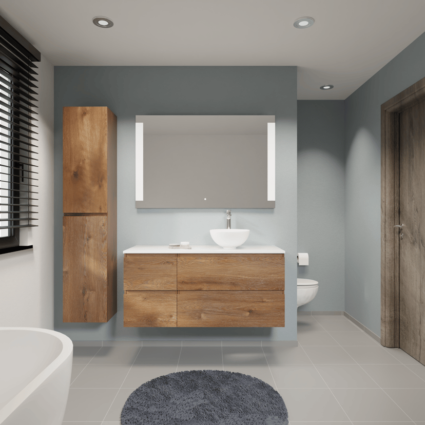 Linie Lado meuble salle de bains suspendu 120 x 46 cm chêne brun avec Lado tablette double en marbre composite blanc mat