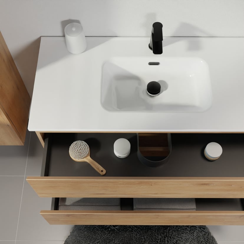 Linie Lado zwevend badkamermeubel 100 x 46 cm natuur eik met Baro enkele wastafel in porselein glanzend wit