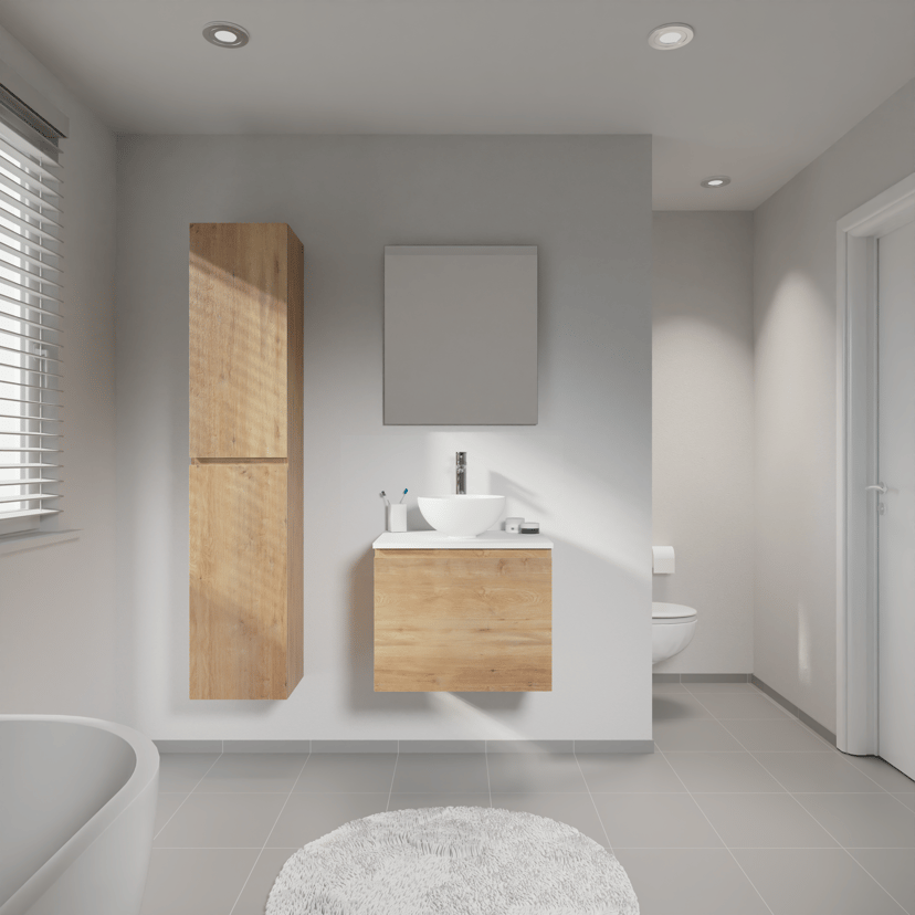 Linie Lado meuble salle de bains suspendu 90 x 46 cm chêne naturel avec Lado tablette simple en marbre composite blanc mat