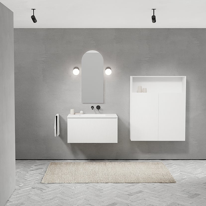 Balmani Fila by Mitra zwevend badmeubel 90 x 55 cm mat wit met Tablo Arcato enkele wastafel in solid surface mat wit, Verticale symmetrische rechte ribbel