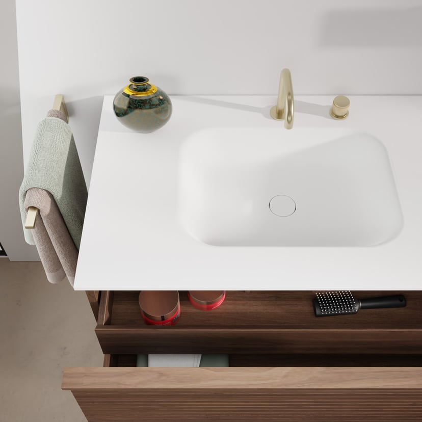 Balmani Forma meuble salle de bains suspendu 75 x 55 cm noyer américain avec Tablo Arcato plan simple en solid surface blanc mat, Nervure droite symétrique horizontale