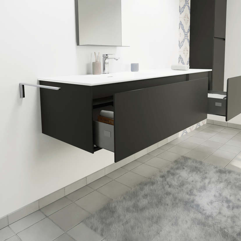 Storke Edge zwevend badkamermeubel 150 x 52 cm mat zwart met Panton enkel of dubbel tablet in gepoedercoate mdf mat zwart