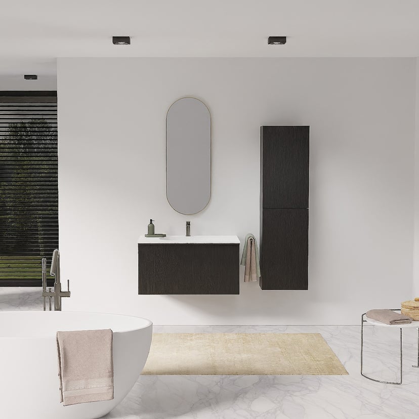 Balmani Forma zwevend badmeubel 90 x 55 cm zwart eiken met Tablo Arcato enkele wastafel in solid surface mat wit, Verticale symmetrische rechte ribbel