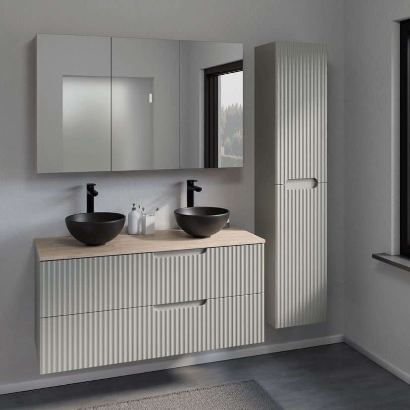 Linie Ribbo zwevend badkamermeubel 100 x 46 cm greige met Lado enkel of dubbel tablet in melamine natuur eik, Verticale symmetrische ronde ribbel