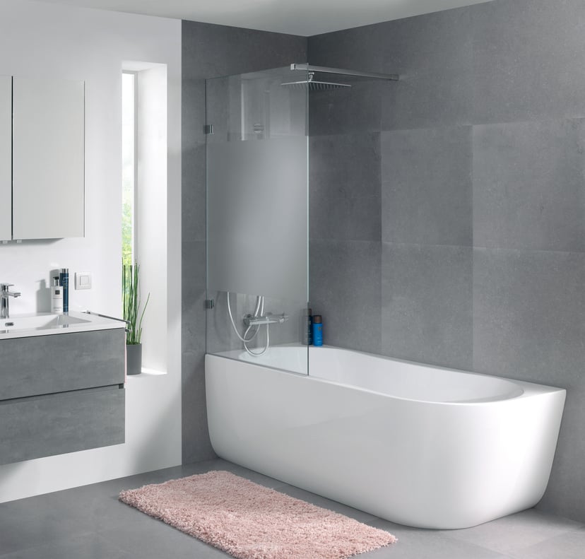 Luca Varess Solid enkele badwand 95 cm helder glas met matte strook glanzend chroom profiel