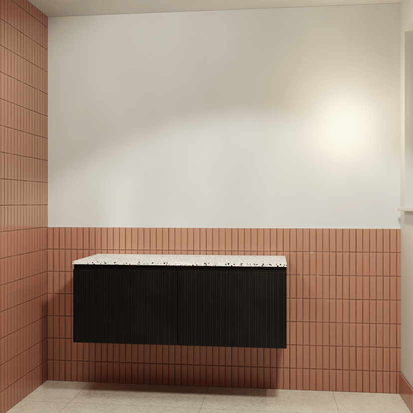 Storke Ribs meuble salle de bains suspendu 150 x 52 cm chêne noir avec Tavola tablette simple ou double en blanc/noir mat terrazzo, Nervure droite asymétrique verticale