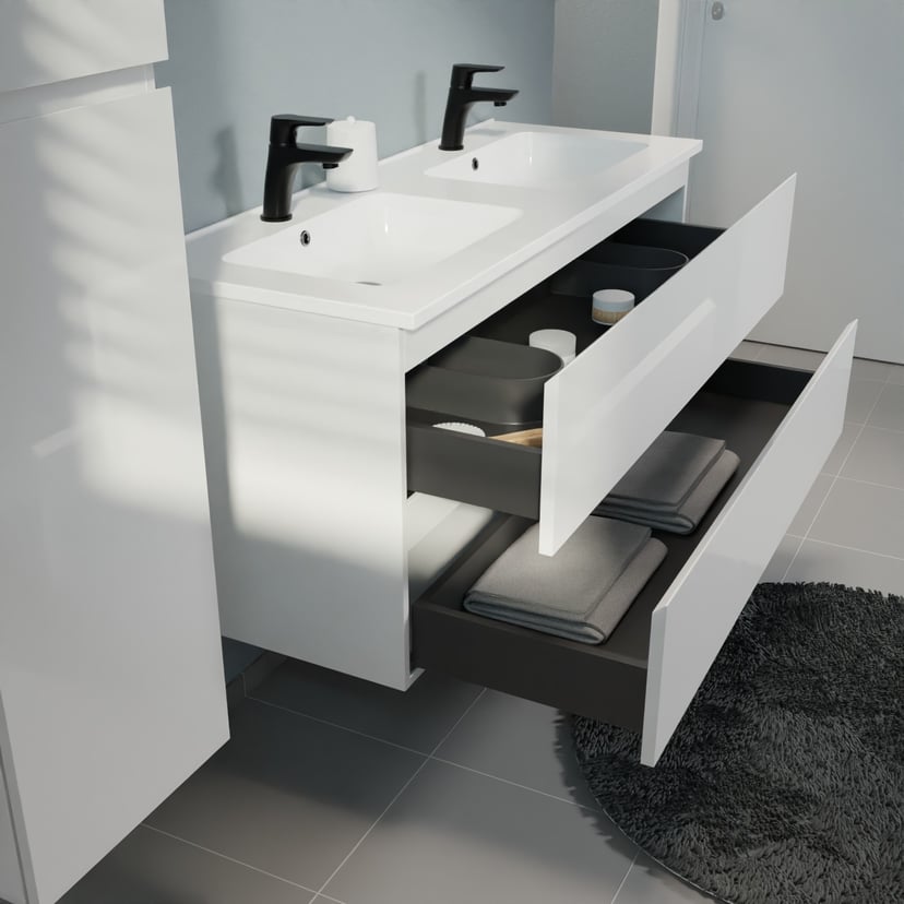 Linie Lado meuble salle de bains suspendu 120 x 46 cm blanc brillant avec Vano double vasque en marbre composite blanc brillant