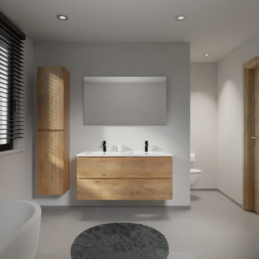 Linie Lado meuble salle de bains suspendu 120 x 46 cm chêne naturel avec Vano double vasque en marbre composite blanc brillant
