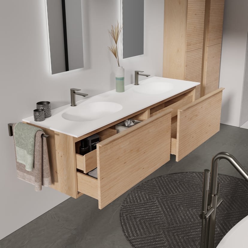 Balmani Forma zwevend badmeubel 150 x 55 cm naturel eiken met Tablo Arcato dubbele wastafel in solid surface mat wit, Horizontale symmetrische rechte ribbel