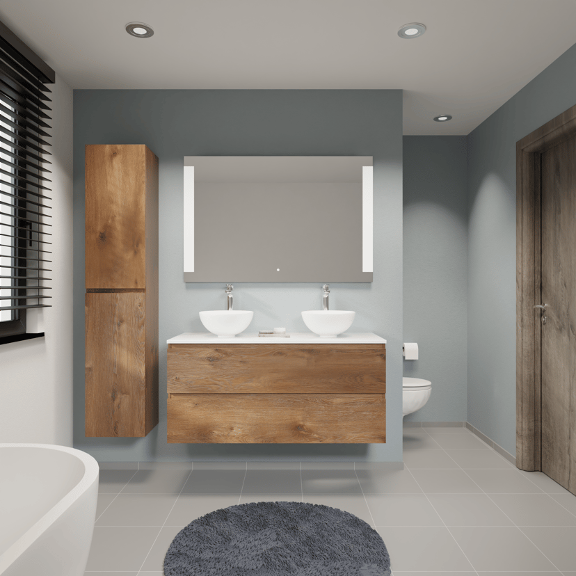 Linie Lado meuble salle de bains suspendu 120 x 46 cm chêne brun avec Lado tablette double en marbre composite blanc brillant