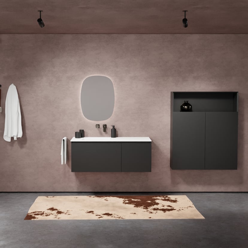Balmani Idra by Mitra meuble salle de bains suspendu 120 x 55 cm noir mat avec Tablo Arcato vasque asymétrique gauche en solid surface blanc mat