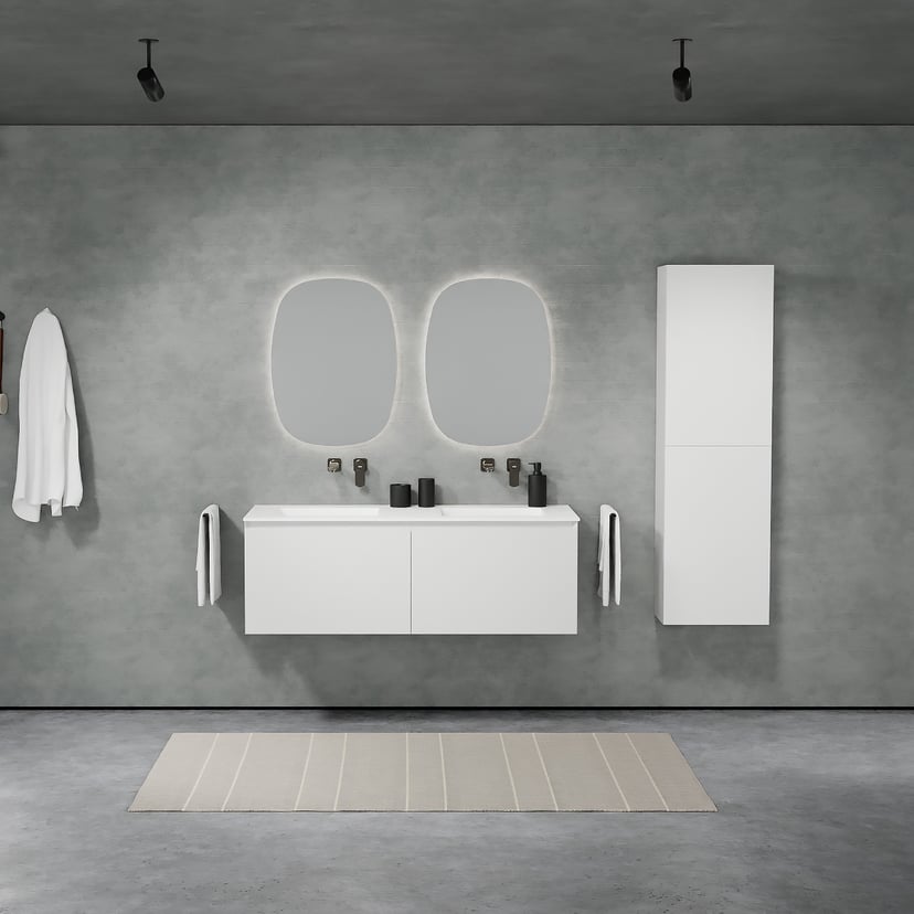 Balmani Idra by Mitra zwevend badkamermeubel 180 x 55 cm mat wit met Tablo Arcato dubbele wastafel in solid surface mat wit