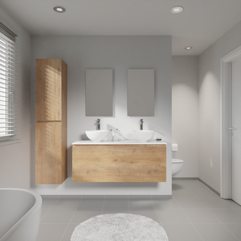 Linie Lado meuble salle de bains suspendu 120 x 46 cm chêne naturel avec Lado tablette double en marbre composite blanc brillant