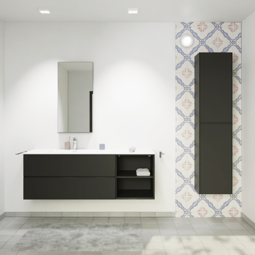 Storke Edge meuble salle de bains suspendu 100 x 52 cm noir mat avec Mata plan vasque asymétrique à gauche en solid surface blanc mat