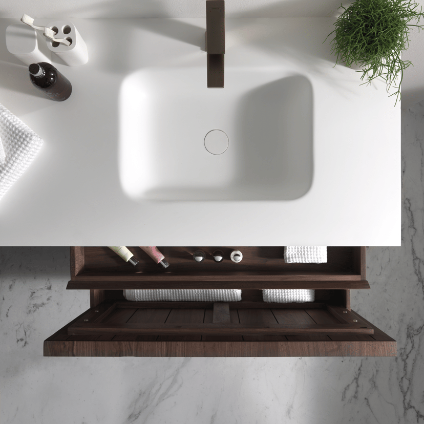 Balmani Tablo Arcato asymmetrisch rechtse wastafel matte Solid Surface 135 x 55 cm, afvoerplug inbegrepen