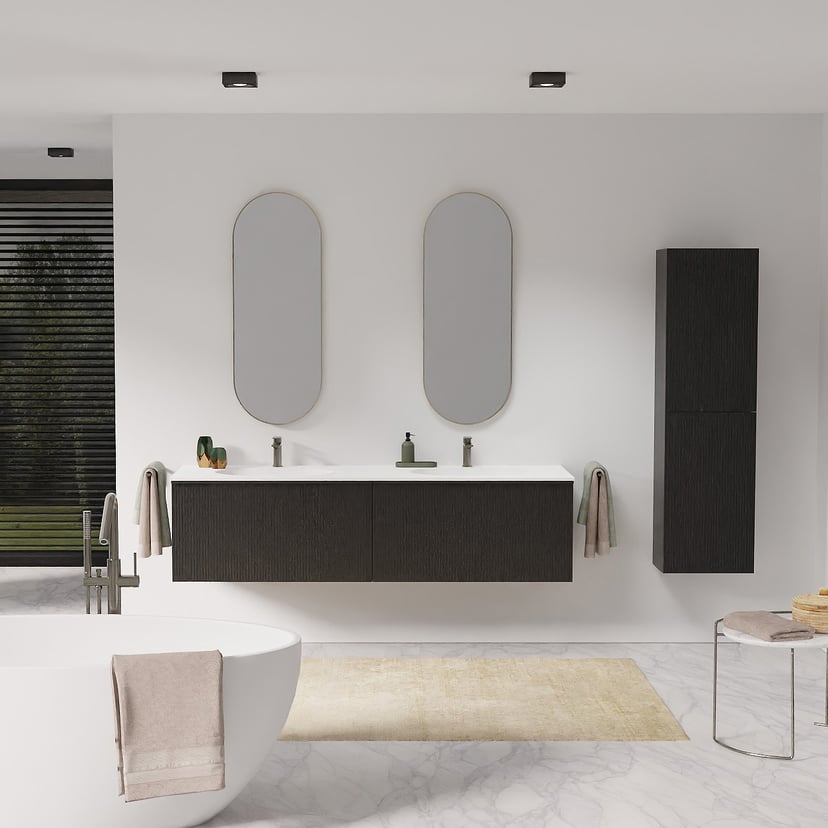 Balmani Forma zwevend badkamermeubel 135 x 55 cm zwarte eik met Tablo Arcato dubbele wastafel in solid surface mat wit, Verticale symmetrische rechte ribbel