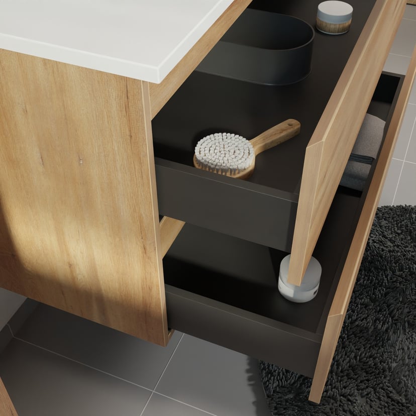 Linie Lado meuble salle de bains suspendu 120 x 46 cm chêne naturel avec Vano double vasque en marbre composite blanc brillant