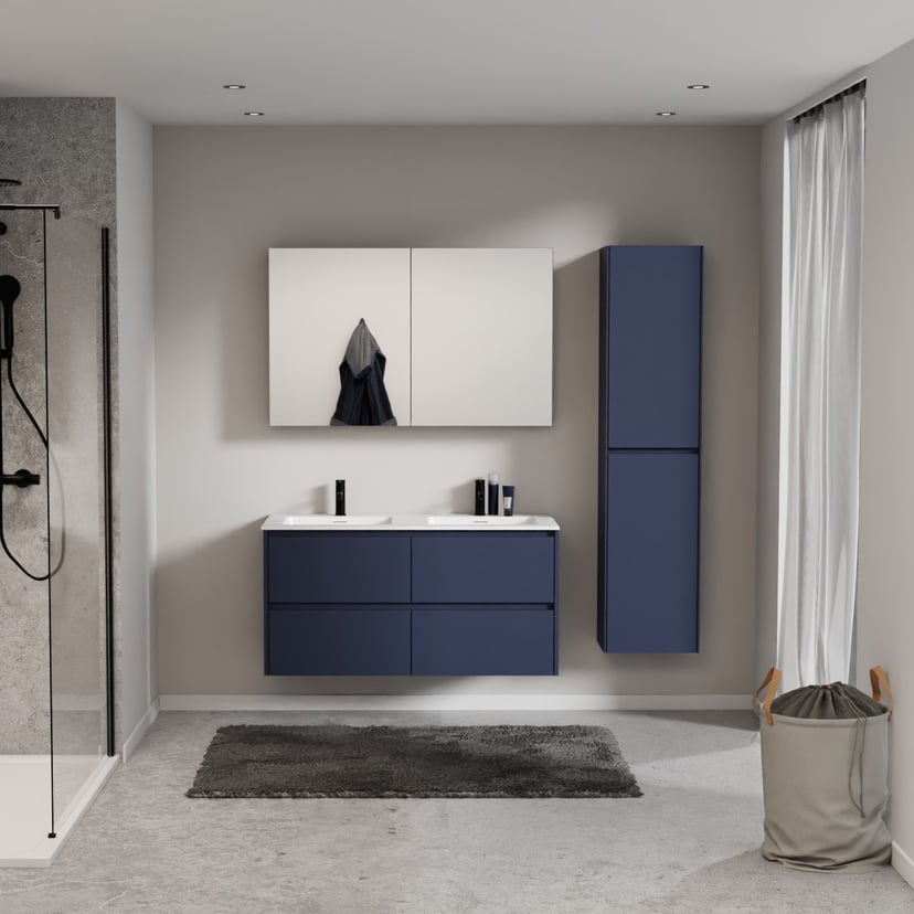 Storke Seda zwevend badmeubel 150 x 52 cm nachtblauw met Mata dubbele wastafel in solid surface mat wit