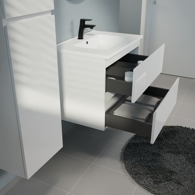 Linie Lado meuble salle de bains suspendu 60 x 46 cm blanc brillant avec Vano plan simple en marbre composite blanc mat