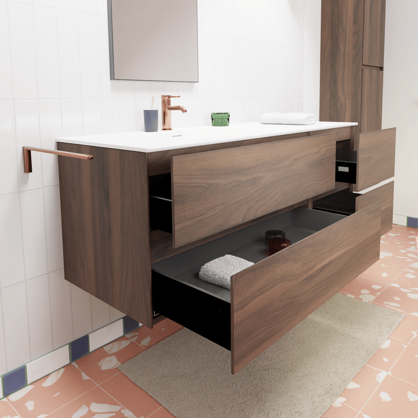 Storke Edge hängendes Möbelstück Set: 130 x 52 cm, Nussbaum, mit Mata Waschtisch links, Solid Surface Weiß matt