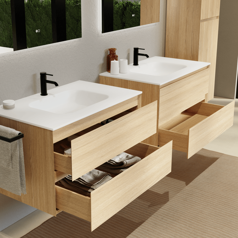 Balmani Mitra meuble salle de bains suspendu 90 x 55 cm chêne naturel avec Tablo Arcato plan simple en solid surface blanc mat