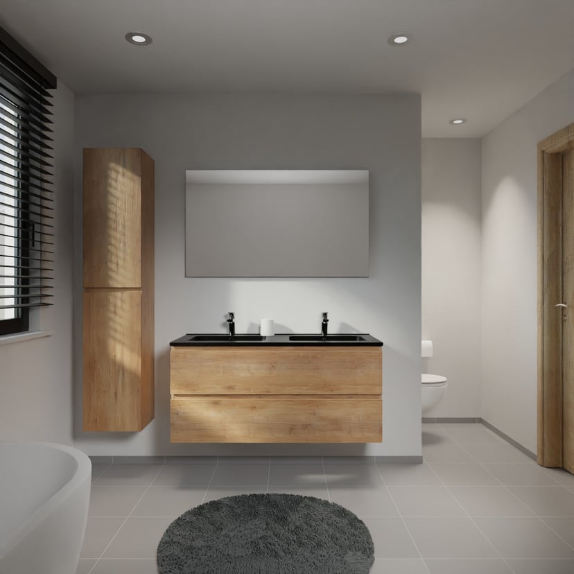 Linie Lado meuble salle de bains suspendu 120 x 46 cm chêne naturel avec Vano double vasque en marbre composite noir mat