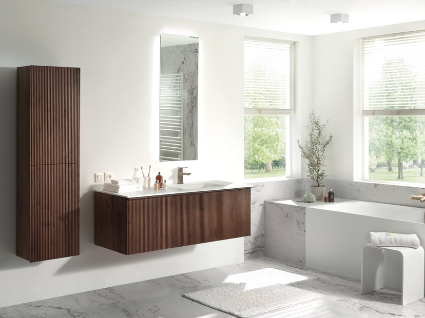 Balmani Tablo Arcato asymmetrisch rechtse wastafel matte Solid Surface 135 x 55 cm, afvoerplug inbegrepen