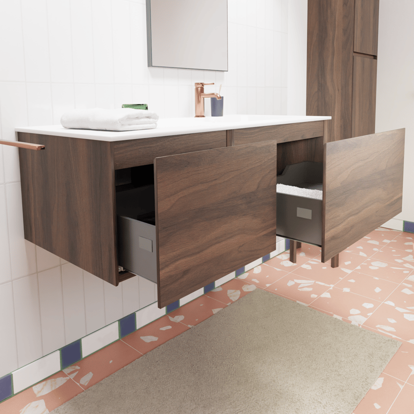 Storke Edge zwevend badmeubel 100 x 52 cm notenhout met Mata asymmetrisch rechtse wastafel in solid surface mat wit