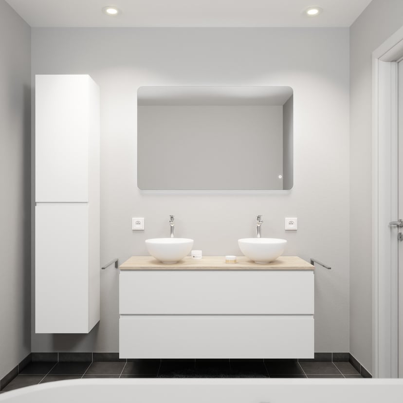 Linie Lado zwevend badkamermeubel 100 x 46 cm mat wit met Lado enkel of dubbel tablet in melamine natuur eik