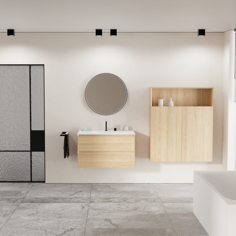 Balmani Mitra meuble salle de bains suspendu 90 x 55 cm chêne naturel avec Tablo Arcato plan simple en solid surface blanc mat