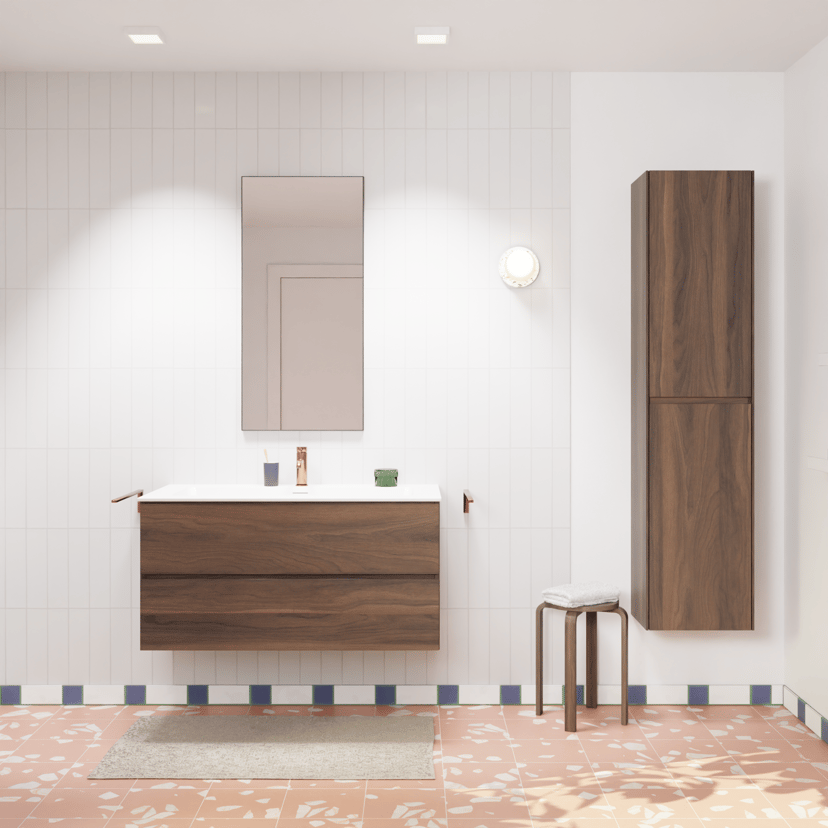 Storke Edge meuble salle de bains suspendu 85 x 52 cm noyer avec Diva plan simple en marbre composite blanc brillant