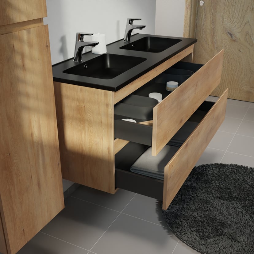 Linie Lado meuble salle de bains suspendu 120 x 46 cm chêne naturel avec Vano double vasque en marbre composite noir mat
